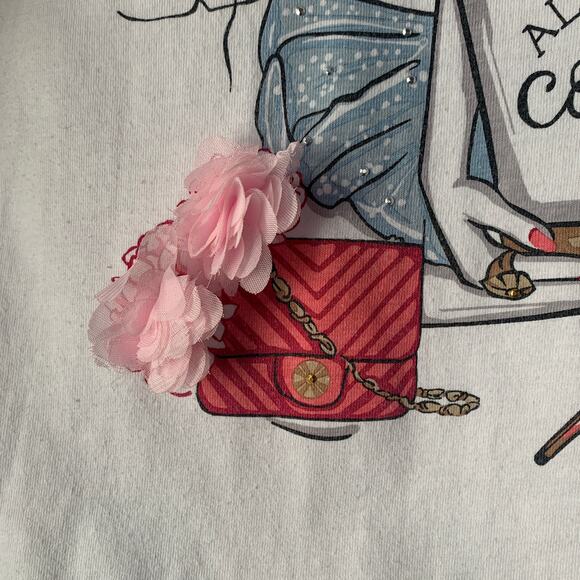 More Love & Lace White Blouse with Paris Graphic Flowers Puff Sleeves Size Large - Picture 5 of 15